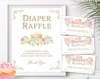 Windel-Gewinnkarten und Schild, Märchen-Babyparty-Einladung, rosa Prinzessin-Baby-Dusche, digitaler Sofort Download