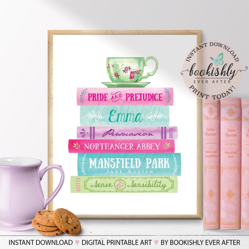 Jane Austen Wall Art, Book Stack Printable Art, Literary Art Print, Pride and Prejudice, Emma, Book Lover Gift, Bookishly Ever After image 2