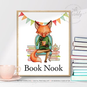 Book Nook Sign Printable, Reading Nook Art Print, Library Reading Corner Sign, Classroom Books Poster, Watercolor Fox, Bookishly Ever After