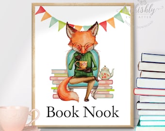 Book Nook Sign Printable, Reading Nook Art Print, Library Reading Corner Sign, Classroom Books Poster, Watercolor Fox, Bookishly Ever After