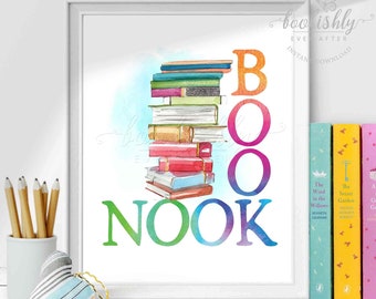 Book Nook Sign Printable, Reading Nook Art Print, Library Reading Corner Sign, Classroom Books Poster, Watercolour Rainbow Book Stack Art