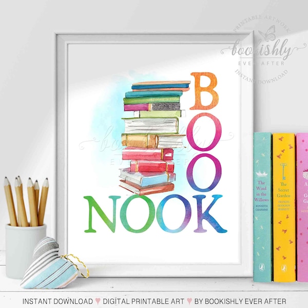 Book Nook Sign Printable, Reading Nook Art Print, Library Reading Corner Sign, Classroom Books Poster, Watercolour Rainbow Book Stack Art