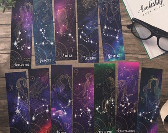 Printable Zodiac Bookmarks, Instant Download Set of 12 Astrology Bookmarks, Star Signs Galaxy Night Sky Bookmarks by Bookishly Ever After