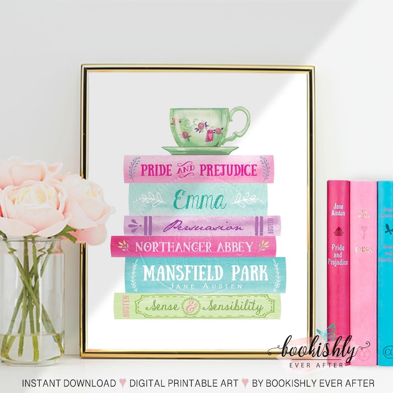 Jane Austen Wall Art, Book Stack Printable Art, Literary Art Print, Pride and Prejudice, Emma, Book Lover Gift, Bookishly Ever After image 1
