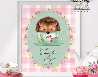 Time for Tea Print, Tea Party Sign, Kitchen Teacup Wall Art, Hedgehog Pink Gingham Watercolor Art, Cozy Home Printable, Bookishly Ever After