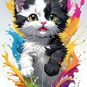 May include: A whimsical illustration of a kitten with a black and white coat, green eyes, and a pink nose. The kitten is surrounded by colorful paint splashes in shades of blue, yellow, pink, orange, and purple, creating a vibrant and playful design.