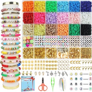 May include: A jewelry-making kit with colorful polymer clay beads, letter beads, charms, and accessories. Includes bracelets with the words "LOVE", "SUN", "DVD", "A3R A3", and "ATROM". Also includes scissors, tweezers, and a ribbon.