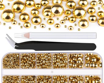 Gold Nail Charms & Flatback Pearl Gems Kit, Half Round Nail Pearls with Rhinestones, Tweezer Pickup Pencil for Nail Art, Face Makeup