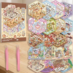 May include: A collage scene material collection book labeled 20, featuring various hexagonal stickers depicting detailed interior rooms with cartoon characters, accompanied by two pink tweezers for precise application of the adhesive pieces.