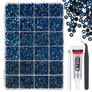 May include: A craft kit with blue rhinestones in a divided container, a tube of B-7000 glue, a white pencil, and tweezers. The rhinestones are various sizes and shapes, perfect for DIY projects.