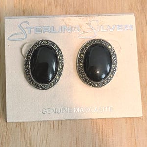 Vintage sterling ovale oorbellen | Marcasiet Onyx-oorbellen | 925 zilveren sieraden op originele kaart