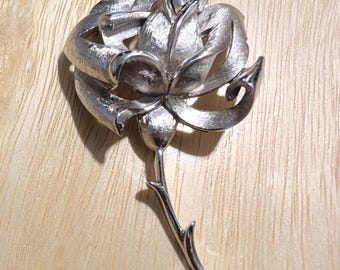 Crown Trifari Silver Toned Rose Brooch | Signed Floral Pin | Designer Vintage Rose Bloom