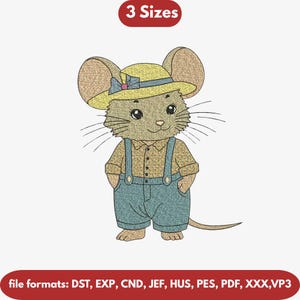 May include: A cartoon mouse wearing a yellow hat with a blue bow, a yellow shirt, and blue overalls. The image has the text "3 Sizes" and "file formats: DST, EXP, CND, JEF, HUS, PES, PDF, XXX,VP3".