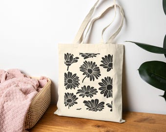 Bolso de mano de lona de algodón con estampado floral de margaritas negras