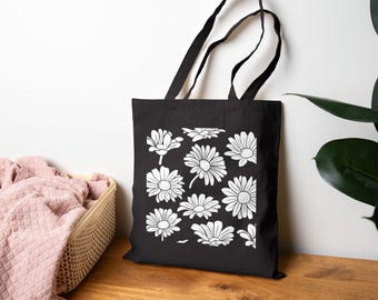 Bolsa de lona con ilustración floral de margaritas blancas para supermercado