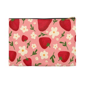 Pochette porta accessori con motivo floreale e fragole / Borsa con cerniera e fantasia di frutta rosa