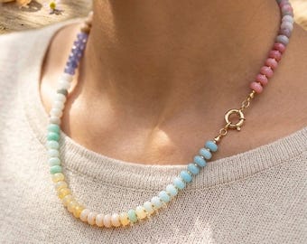 Collier Perles Arc-en-Ciel en Pierres Naturelles – Quartz Rose, Citrine, Agate Watermelon & Turquoise – Fermoir Plaqué Or – Collier Bohème