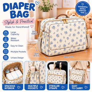 Puede incluir: Un bolso cambiador rectangular con base color crema y estampado floral azul, con cremalleras doradas y asa marrón. Mide 33 cm de ancho, 22 cm de alto y 12 cm de profundidad. Incluye una correa ajustable, bolsillos laterales y compartimentos.