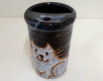 Hand Made Pottery Travel Coffee Mug White Cat
