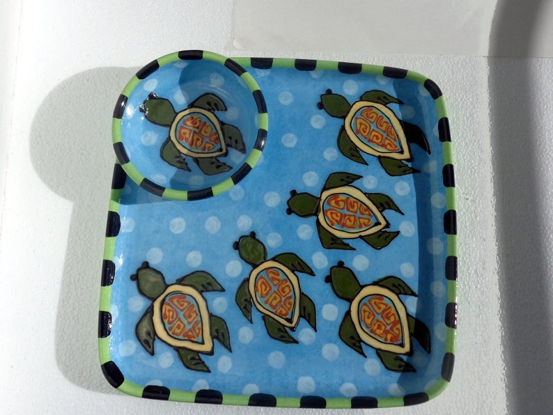 Sea Turtle Hand Made Pottery Ceramic Chip and Dip Plate