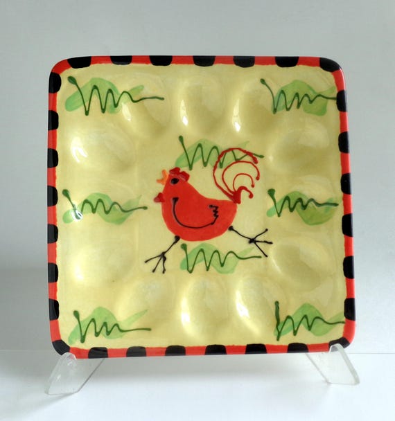 Deviled Egg Pottery Tray With Red Rooster Etsy