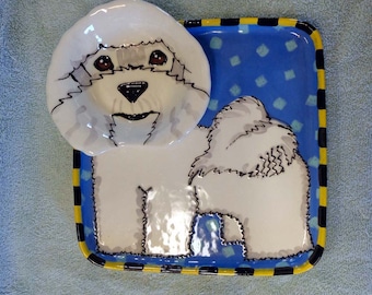 Bichon Frise Dog Pottery Chip and Dip or Serving Tray