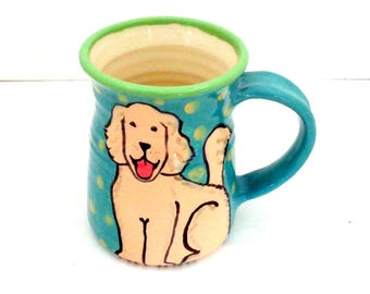 Hand Made Wheel Thrown Golden Retriever Pottery Mug