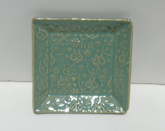 Green Cat Soap Dish Spoon Rest orTrinket Dish Hand Made