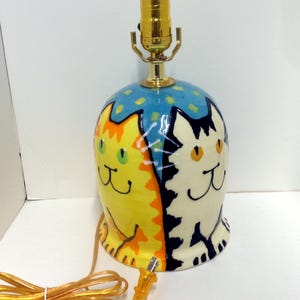 Wheel Thrown Cat Lamp with Two Cats Hand Made