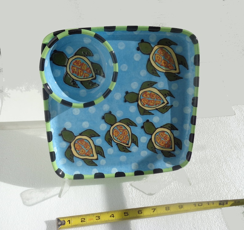 Sea Turtle Hand Made Pottery Ceramic Chip and Dip Plate