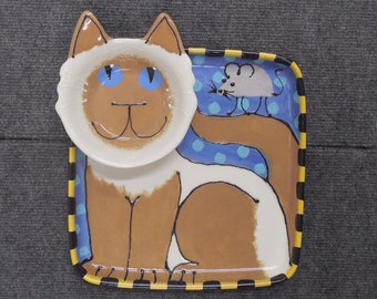 Siamese Cat Seal Point Pottery Ceramic Chip and Dip Plate Hand Made