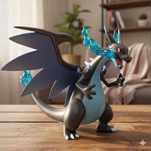 May include: A detailed figurine of a Charizard, a dragon-like Pokémon. The figure is primarily black and light blue, with blue flames emanating from its mouth and tail. It has large, dark blue wings and is posed on a wooden surface.