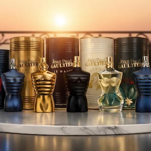 May include: A selection of Jean Paul Gaultier fragrances, showcasing diverse bottle designs and packaging. The bottles are shaped like torsos, in shades of blue, gold, and black. The packaging includes cylindrical containers with the brand name.