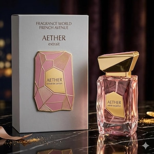 Może przedstawiać: Zestaw butelki i pudełka perfum. Pudełko jest szare z napisem "FRAGRANCE WORLD FRENCH AVENUE" i "AETHER extrait". Butelka perfum jest różowa ze złotą nakrętką i złotą etykietą z napisem "AETHER extrait de parfum".