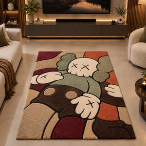 Cartoon Character Area Rug, Burgundy Sage Green Cream Orange, Textured Rectangular Carpet (5×7 Feet)