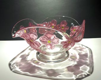 Vintage Colony Crystal Pink Dogwood Centerpiece Bowl