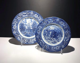 Vintage Liberty Blue "Independence Hall" and "Washington At Valley Forge" Bicentennial Plates