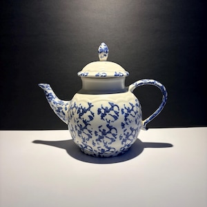 May include: A white ceramic teapot with a blue floral pattern. The teapot features a curved spout, a rounded body, and a matching lid with a small knob. The handle is also decorated with the blue pattern. The teapot is on a white surface.