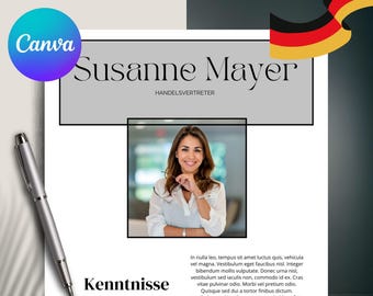 May include: A professional business card design featuring the name "Susanne Mayer" and the title "HANDELSVERTRETER". The design includes a photo of a smiling woman, a pen, and the Canva logo. The German flag is in the upper right corner.