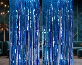 2 Pack Blue Metallic Fringe Backdrop Curtains, Party Photo Booth Decor