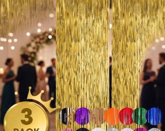 3 Pack Gold Fringe Backdrop Curtains, Metallic Tinsel Party Decor (3.3 x 8.2 FT)