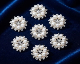 30 PCS Pearl Rhinestone Flower Buttons, Flatback Crystal Embellishments for Jewelry Making, Wedding & DIY Crafts
