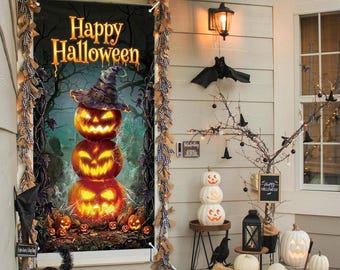 Halloween Pumpkin Stack Door Cover, Jack O Lantern Porch Decoration Banner