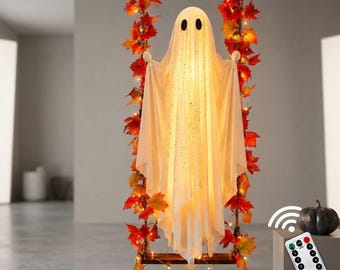 Hanging Ghost with Maple Leaf Swing, String Lights, Remote Timer (5.3 FT)