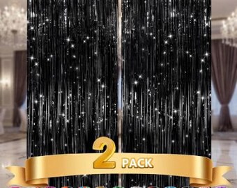 2 Pack Black Metallic Fringe Backdrop Curtains, Foil Tinsel Party Decor