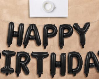 16 Inch Black Happy Birthday Foil Balloon Banner, Modern Party Backdrop Decorations