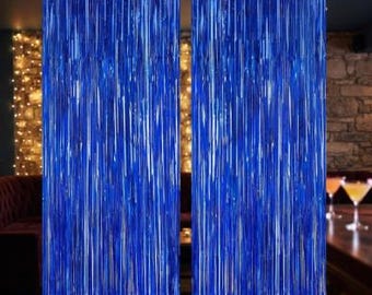 Dark Blue Fringe Backdrop Curtains, Metallic Foil Party Decor, Photo Booth Background