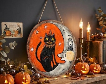 Vintage Black Cat Moon Welcome Sign, Halloween Wooden Door Hanger, Gothic Decor.