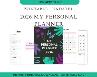 May include: A printable, undated 2026 My Personal Planner in Letter size and A4. The planner features a black cover with colorful abstract shapes and the text "MY PERSONAL PLANNER 2026". Includes calendar pages and a "This Book" section.