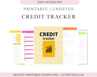 Puede incluir: Seguimiento de crédito imprimible con un logotipo amarillo y negro. El diseño incluye páginas para deudas, crédito mensual y seguimiento. El texto dice "Easy Access PDF", "Printable | Undated" y "Instant Printable Download - Letter Size & A4".